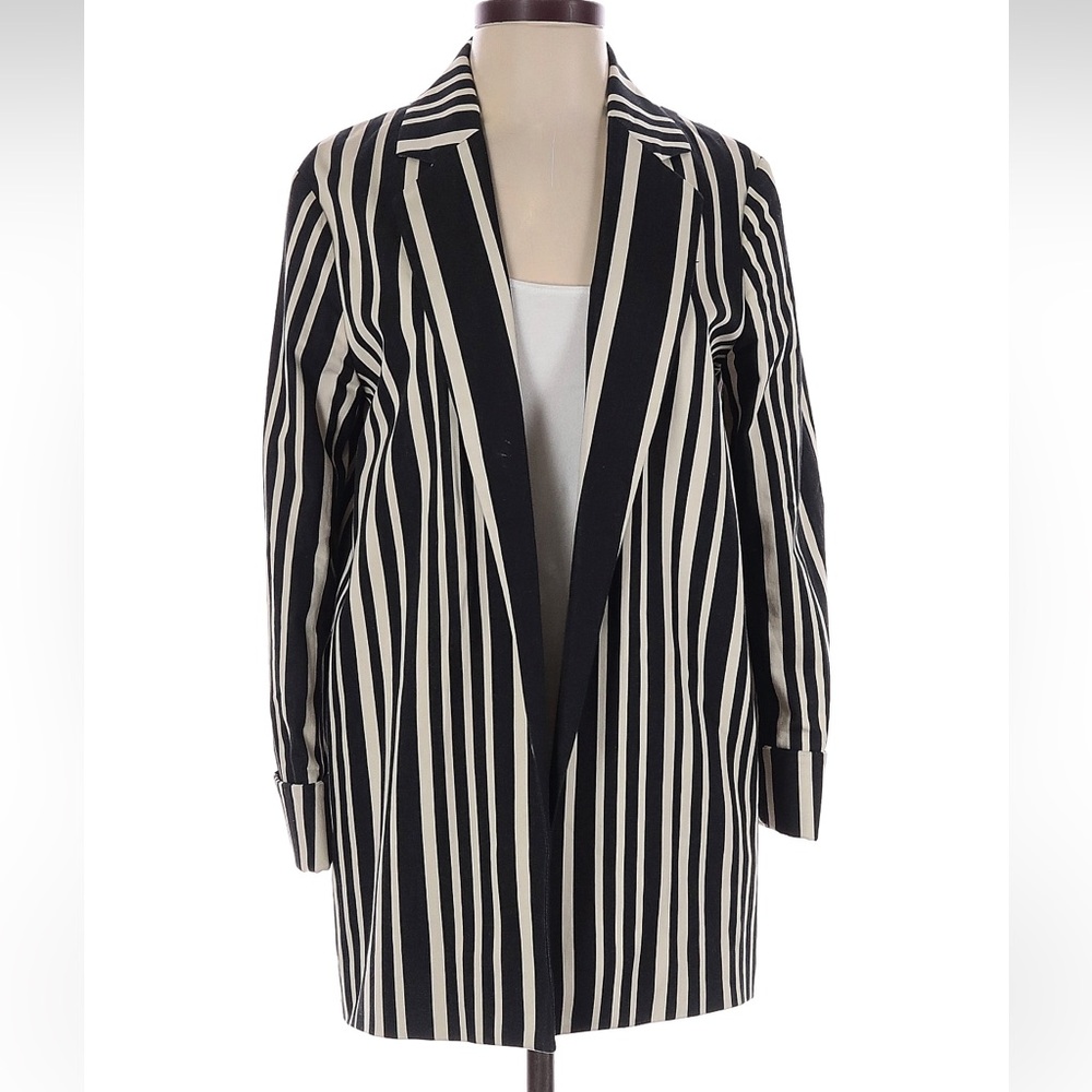 Alice + Olivia Black and White Vertical Stripe Longline Blazer